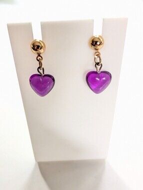 Vintage Gold Tone Purple Lucite Dainty Dangle Heart Earrings